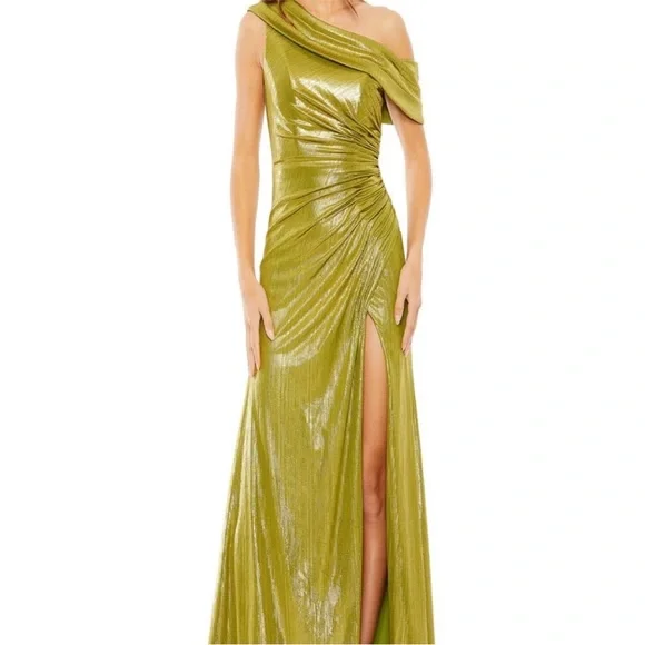 Mac Duggal One Shoulder Shimmering Olive Dress - Picture 9 of 9